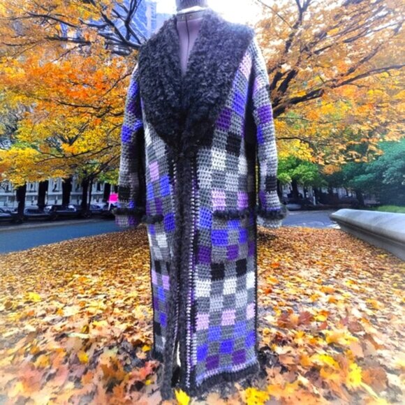 Unique One of a Kind Black Faux Fur Purple Gray Long Sweater Large /XL - Picture 1 of 9